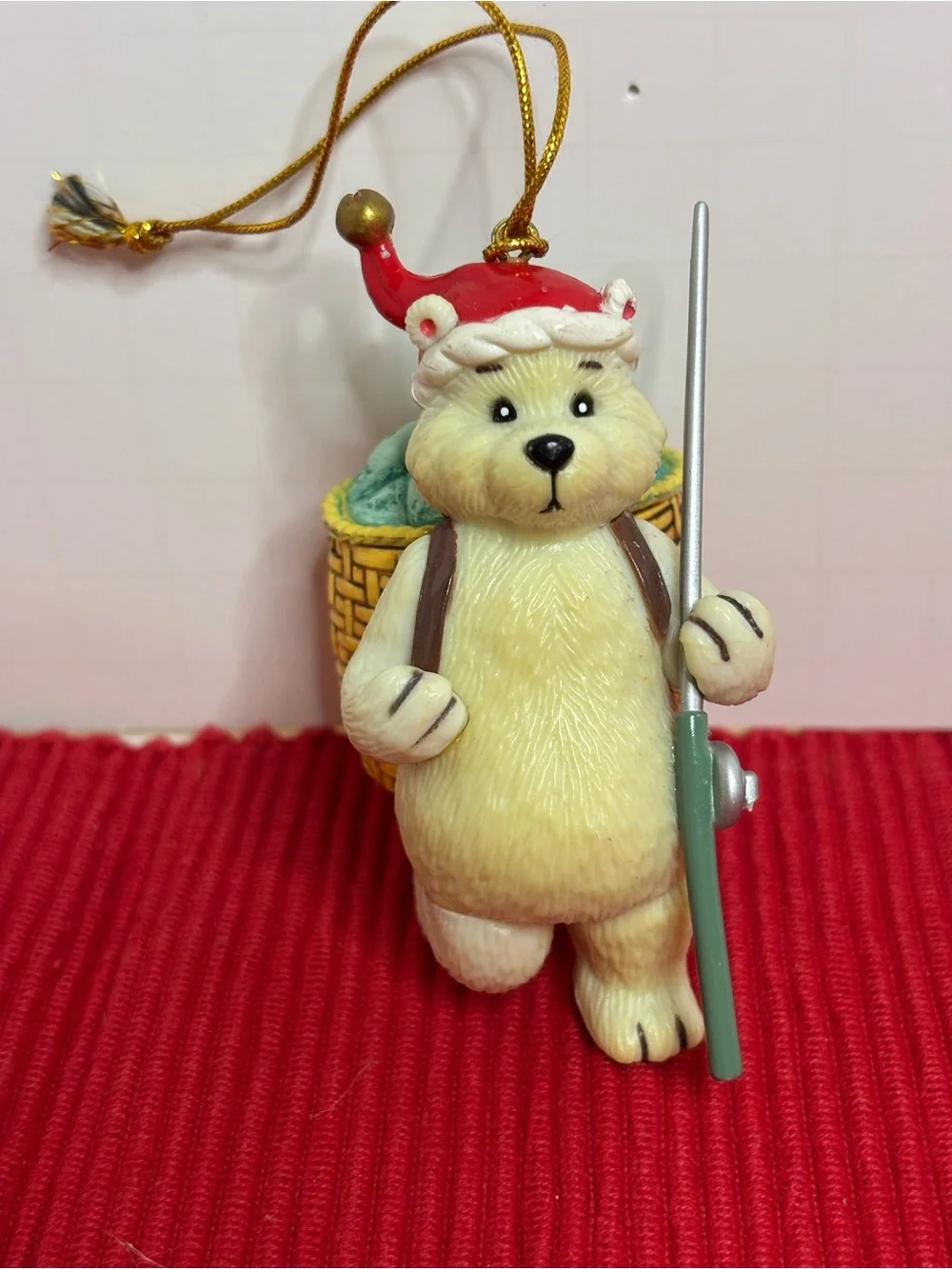 Polar Bear Fisherman with Santa Hat, Basket Full o Fish and Fishing Pole